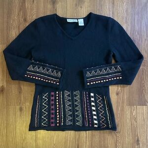 Madison Studio Black Wool Sweater – Vintage Tribal Embroidered Chic